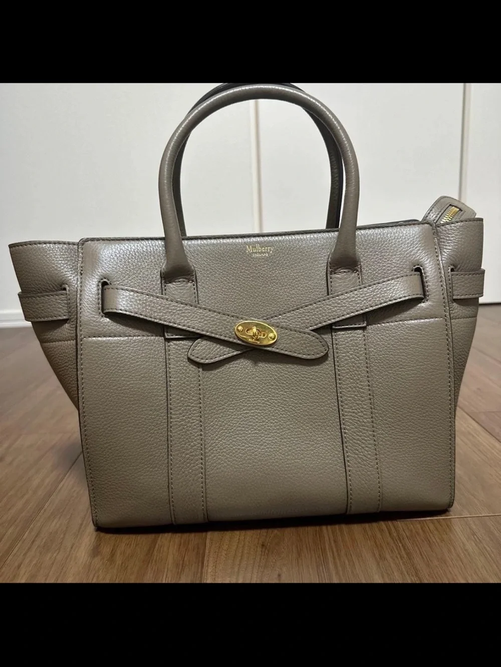 Mulberry Taupe Gray Leather Small Satchel with Gold Hardware